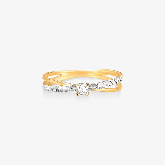 Anel Solitário Bicolor Estampado em Ouro Amarelo 18K