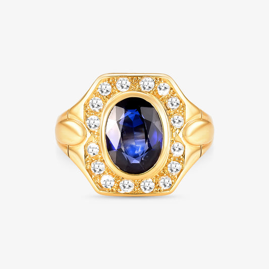 Anel Safir com Diamantes e Safira em Ouro Amarelo 18K