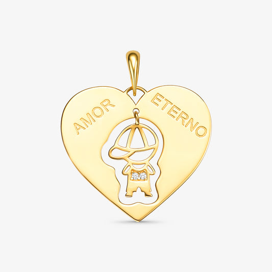 Pingente Menino Coração Amor Eterno com Pedras em Ouro Amarelo 18K