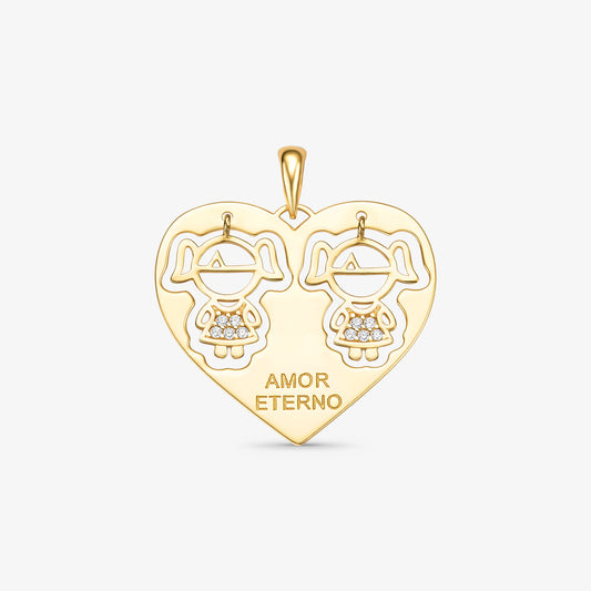 Pingente 2 Meninas com Pedra Coração Amor Eterno em Ouro Amarelo 18K