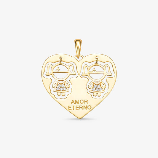 Pingente 2 Meninas com Pedra Coração Amor Eterno em Ouro Amarelo 18K