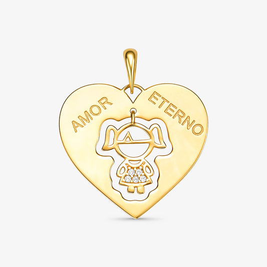 Pingente Menina Coração Amor Eterno com Pedras em Ouro Amarelo 18K