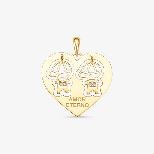 Pingente 2 Meninos com Pedra Coração Amor Eterno em Ouro Amarelo 18K