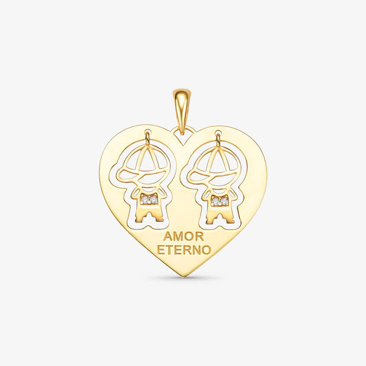 Pingente 2 Meninos com Pedra Coração Amor Eterno em Ouro Amarelo 18K