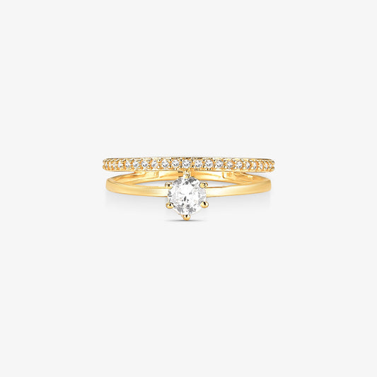 Anel Solitário + Meia Aliança em Ouro Amarelo 18K