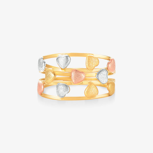 Anel Estamparia Tricolor Coracões em Ouro Amarelo 18K