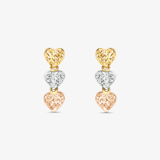 Brinco Trio Coração Tricolor em Ouro 18K