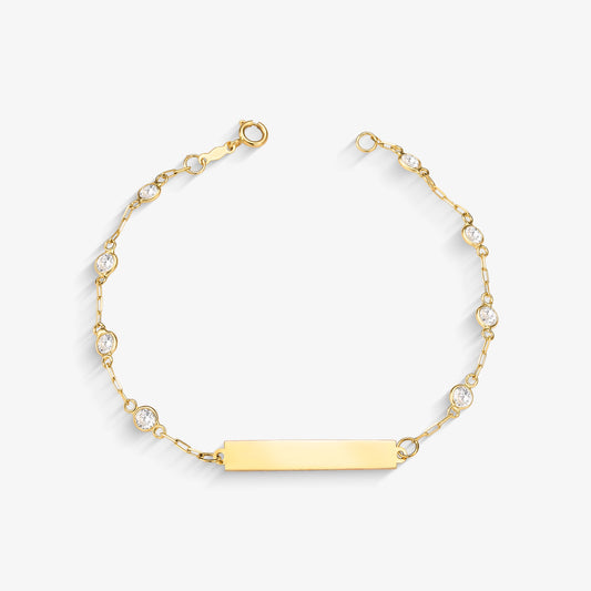 Pulseira Infantil Chapa Retangular com Pedras em Ouro Amarelo 18K