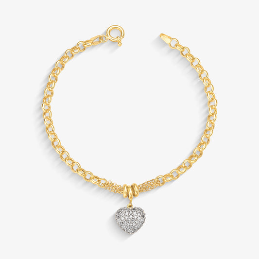 Pulseira Elo Português Coração com Pedras em Ouro Amarelo 18K, 19cm