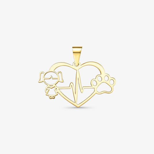 Pingente Coração Menina e Pet em Ouro Amarelo 18K