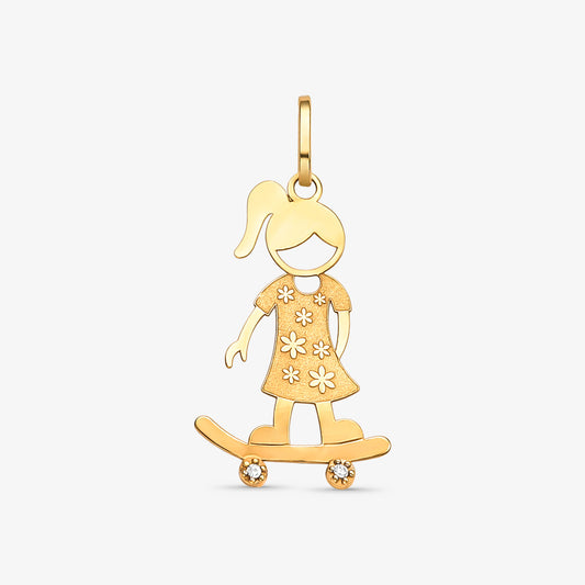 Pingente Menina Skate com Pedras em Ouro Amarelo 18K