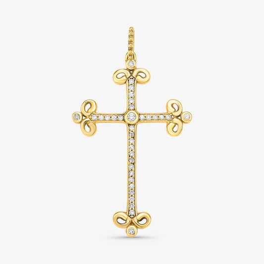 Pingente Cruz Trabalhada com Diamantes em Ouro Amarelo 18K