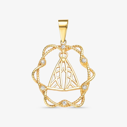 Pingente Nossa Senhora Aparecida Vazado com Aro com Pedras em Ouro Amarelo 18K