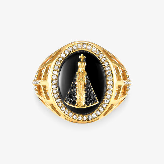 Anel N.Sra Aparecida com Diamante e Onix Naturais em Ouro Amarelo 18K