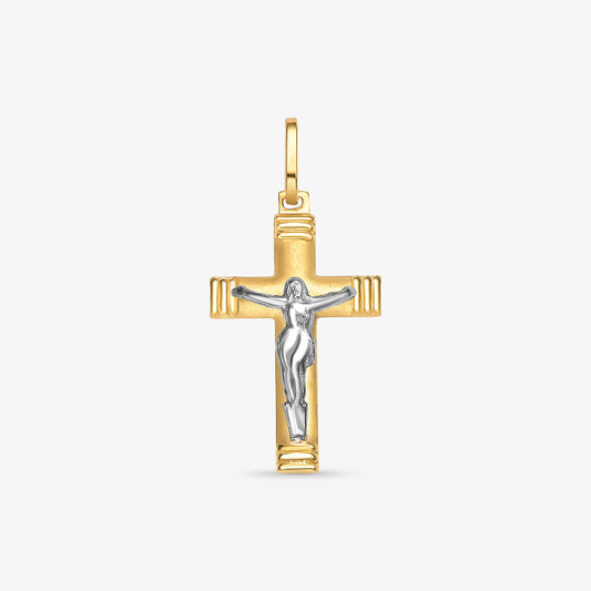 Pingente Cruz Pequena Fosca com Cristo em Ouro Bicolor 18K