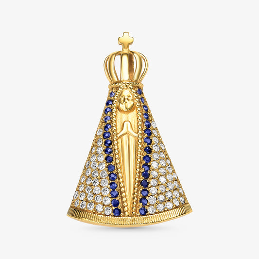 Pingente Nossa Senhora Aparecida com Diamantes e Safiras Naturais em Ouro Amarelo 18K