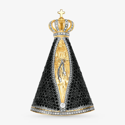 Pingente N.Sra Aparecida com Diamante e Safiras Naturais em Ouro Amarelo 18K