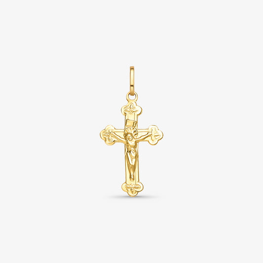 Pingente Cruz Trevolada Pequena com Cristo em Ouro Amarelo 18K
