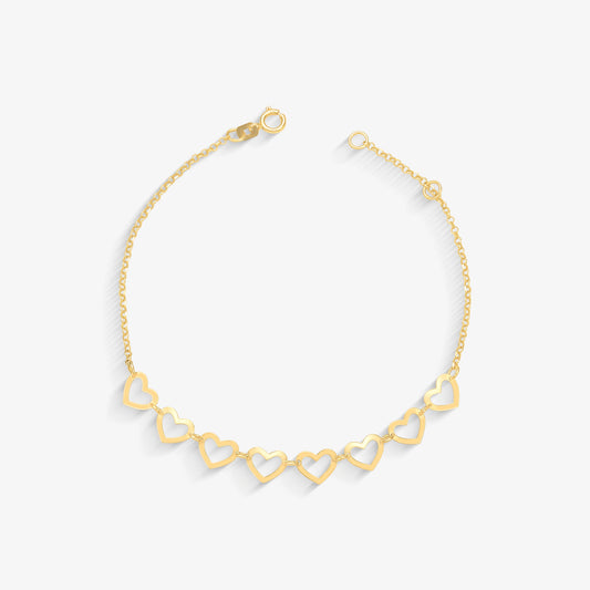 Pulseira Elo Português Coração em Ouro Amarelo 18K, 18cm