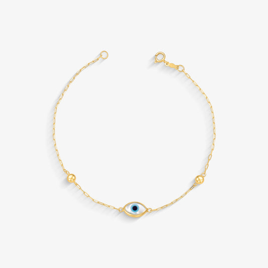 Pulseira Bola com Navete Olho Grego em Ouro Amarelo 18K, 3mm