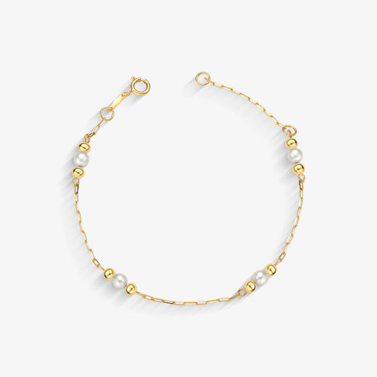Pulseira Infantil 2 Bolas com Pérolas Naturais em Ouro Amarelo 18K