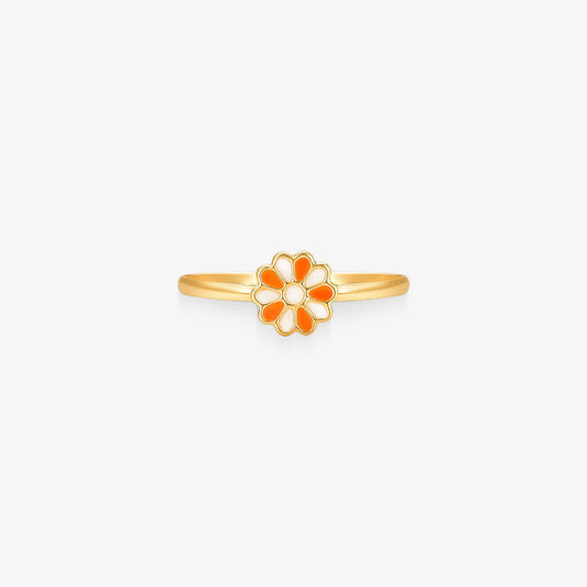 Anel Infantil Flor Branca e Laranja em Ouro Amarelo 18K