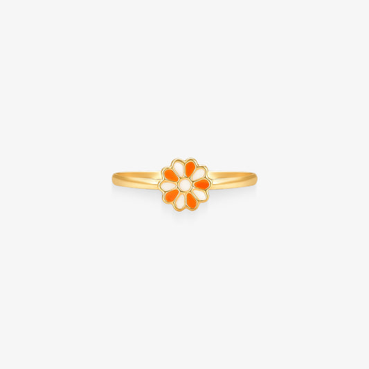 Anel Infantil Flor Branca e Laranja em Ouro Amarelo 18K