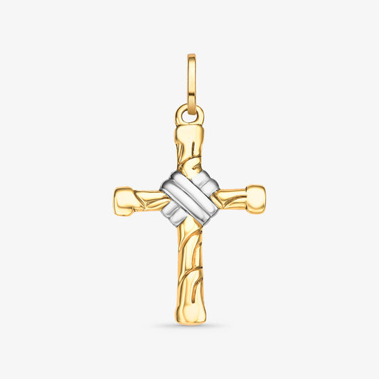 Pingente Cruz Bicolor Trabalhada em Ouro Amarelo 18K