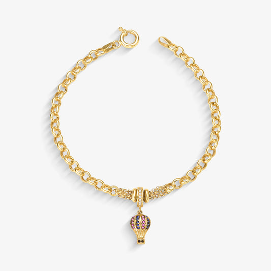 Pulseira Elo Português Balão com Pedras em Ouro Amarelo 18K, 19cm