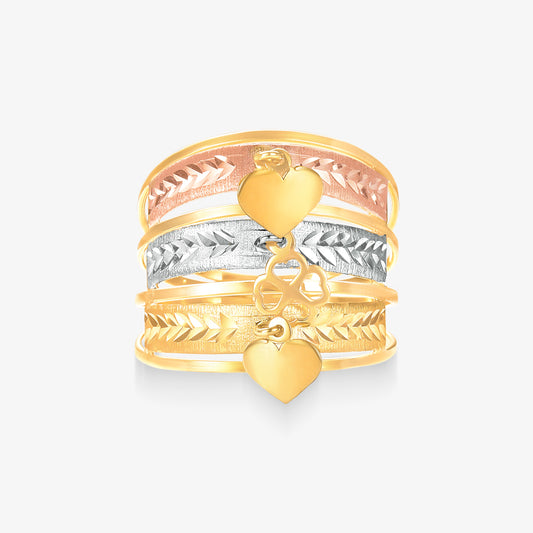 Anel Estamparia Tricolor Coração Pendurado em Ouro Amarelo 18K