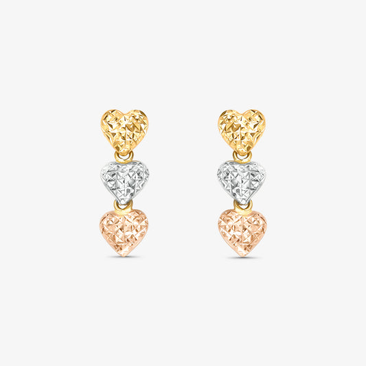 Brinco Trio Coração Tricolor em Ouro 18K