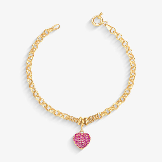 Pulseira Elo Português Coração com Pedras em Ouro Amarelo 18K, 19cm