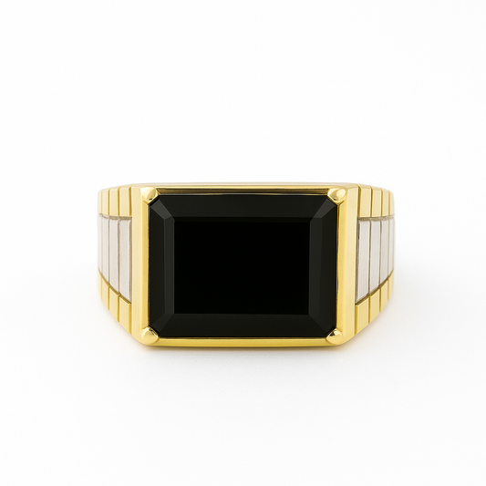 Anel Chapinha Retangular 7,7g  c/Onix Nat Ouro Amarelo 18k 750